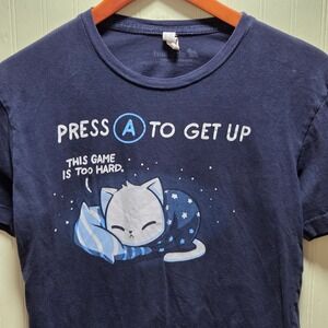 TeeTurtle Shirt Mens Small Navy Blue‎ Press A To Get Up Cat Gamer Graphic Tee